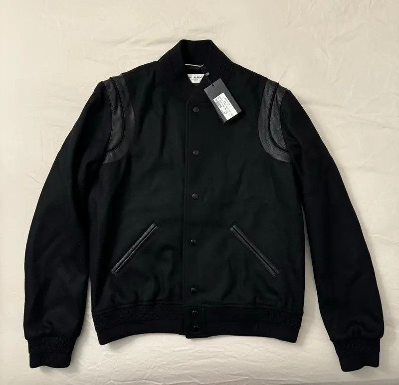 Saint Laurent Paris Teddy Leather-Trimmed Wool Bomber Jacket Size US M / EU 48-50 / 2 - 1 Thumbnail