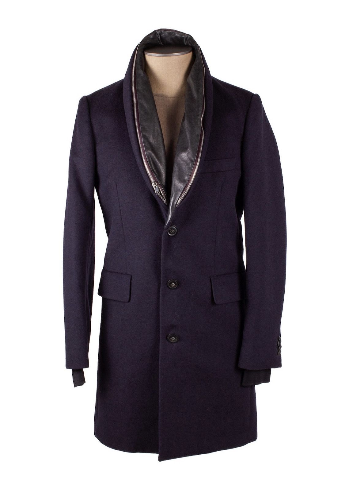 image of Paul Smith Navy Wool Black Leather Collar Coat, Men's (Size Medium)