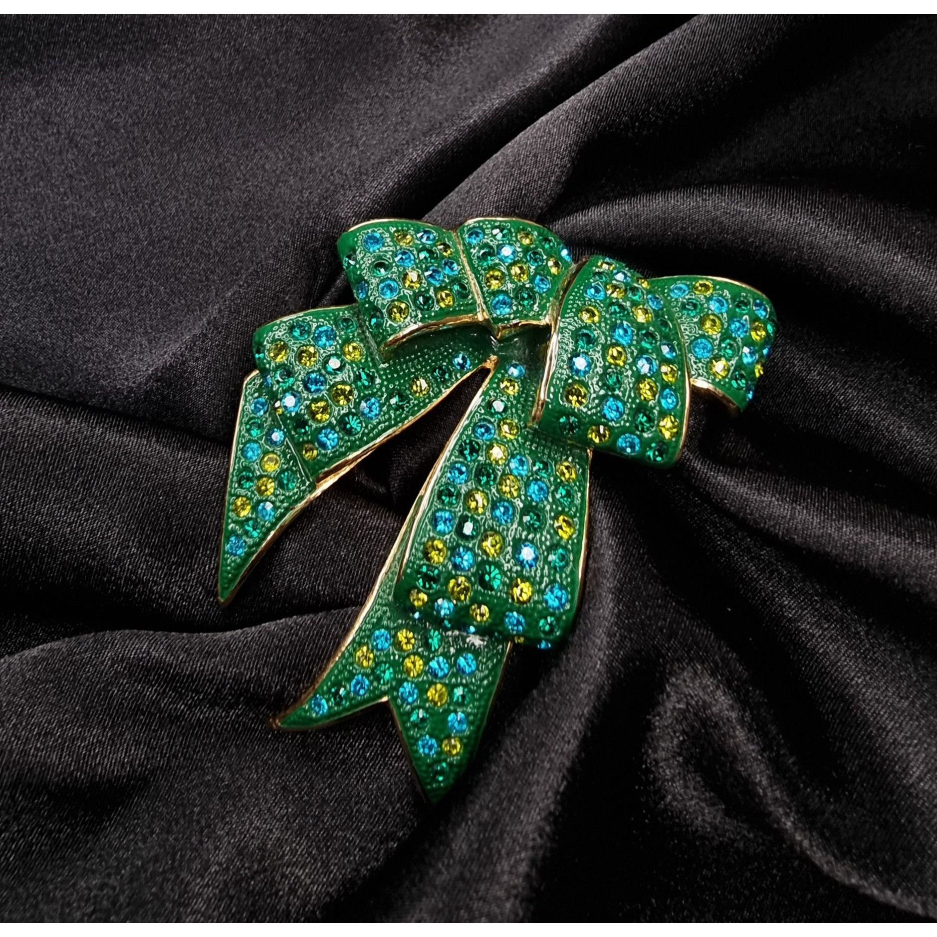 Joan Rivers Vintage Joan Rivers 1990s Green & Yellow Rhinestone Bow Broo Size ONE SIZE - 3 Thumbnail