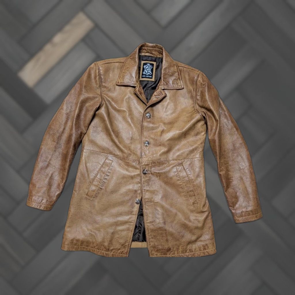 Vintage VINTAGE brown leather coat Mens Overcoat M 40 chest 22" 33" lightweight patina 1990s Mad Max style Size US M / EU 48-50 / 2 - 1 Thumbnail