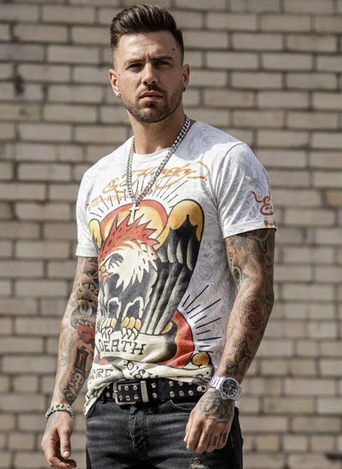 Ed Hardy × Glo Gang × Unknown London Rare Vintage AOP Y2K Ed Hardy "Death Before Dishonor" Eagle Size US XS / EU 42 / 0 - 2 Thumbnail