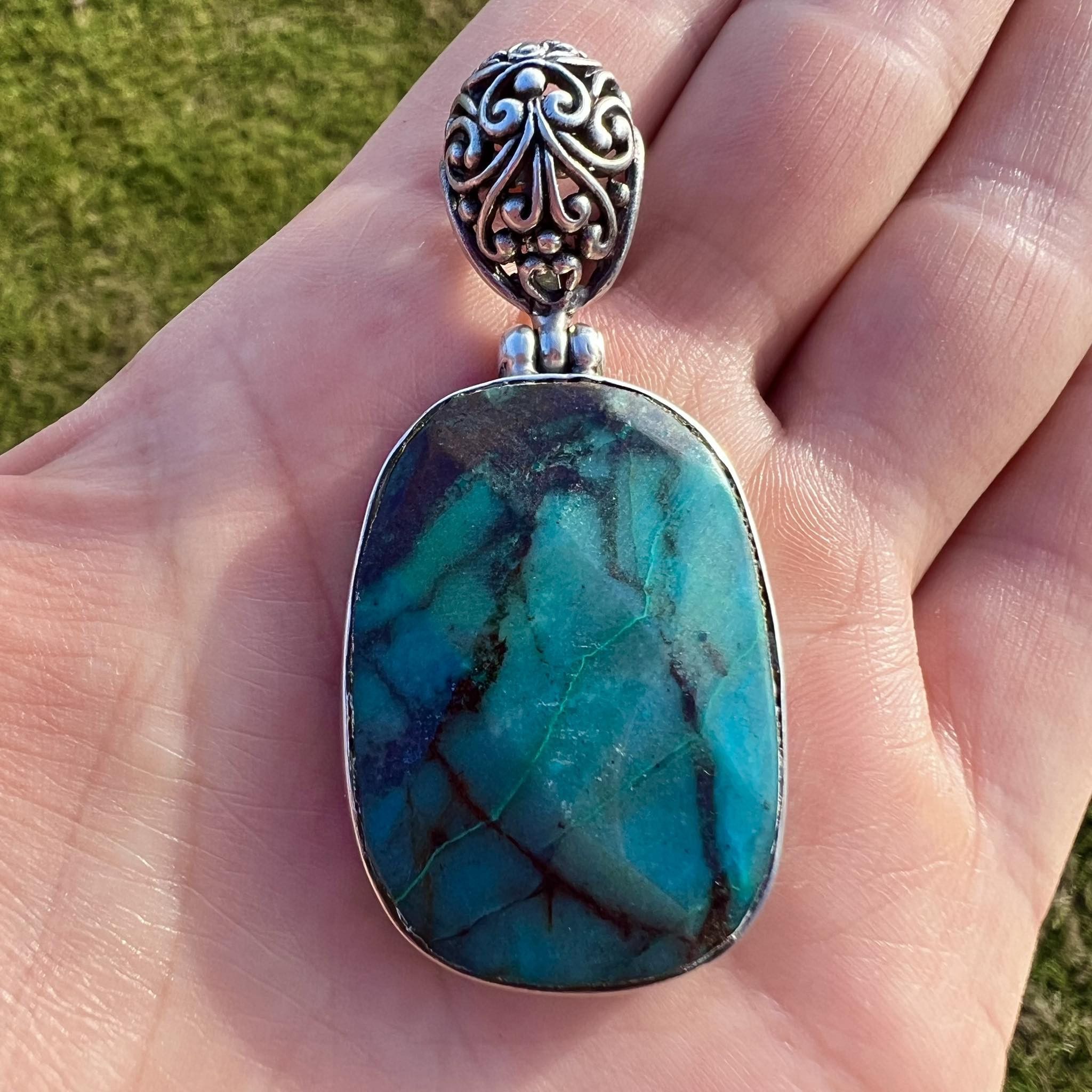 Vintage Jewelry Silver 800 Pendant Natural Chrysocolla Stone