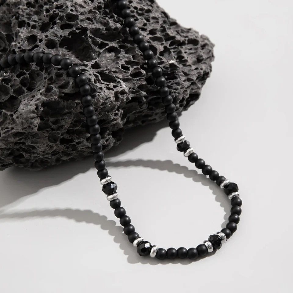Jewelry × Vintage Hiphop Black Beaded Necklaces Black Frosted Stone Splicing Size ONE SIZE - 5 Thumbnail