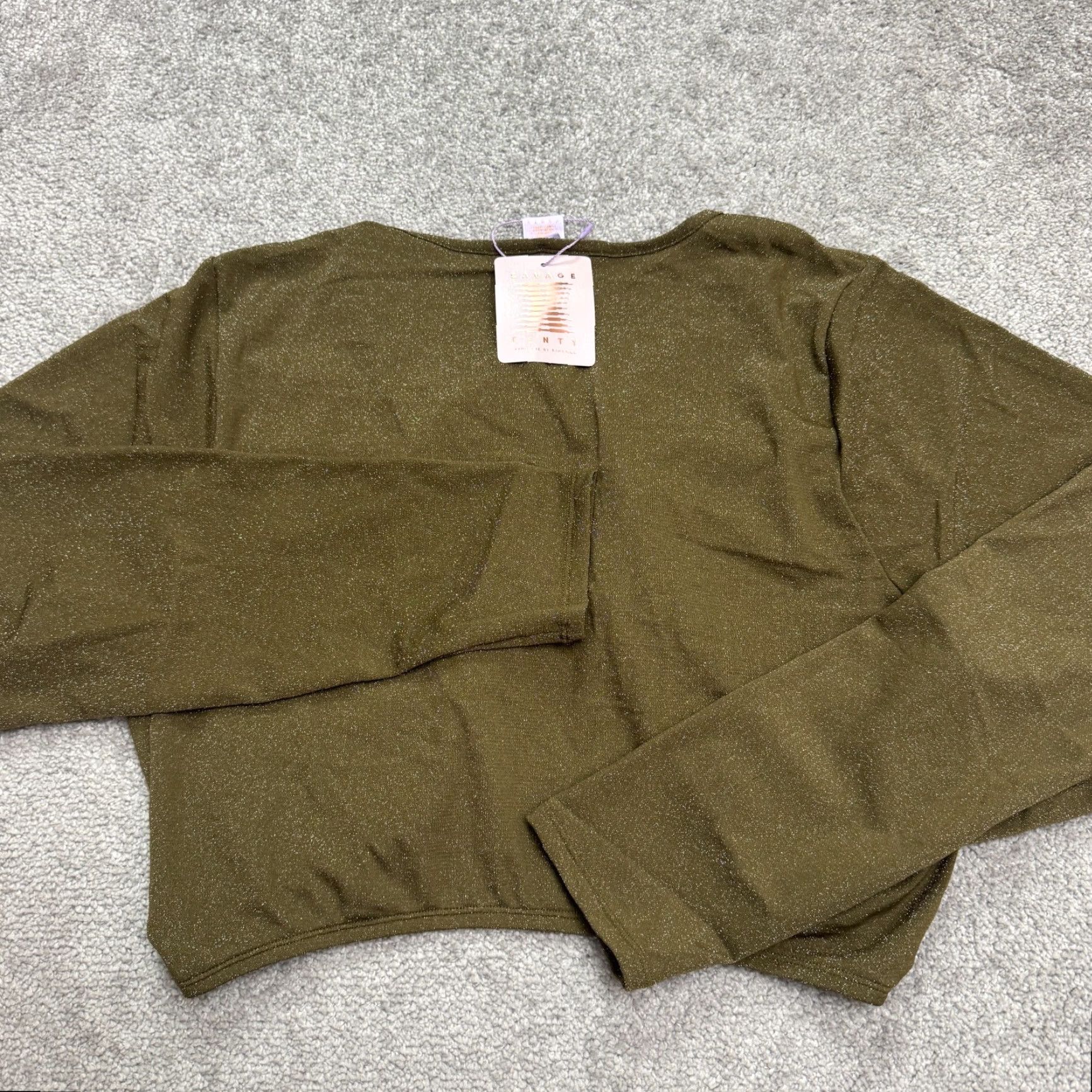 Olive Savage x Fenty by Rihanna Long Sleeve Tie Front Crop Blouse 3X Olive Green Metallic Clubwear Womens Size XXL / US 16-18 / IT 52-54 - 4 Thumbnail