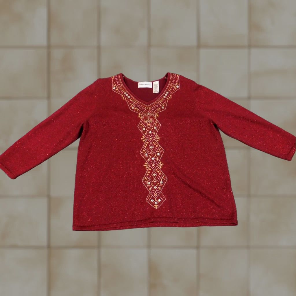 Vintage Alfred Dunner Sweater XL Red Beaded Embellishments Womens Stretch Knit Raglan Sleeve V-Neck Pullover Knit Size XL / US 12-14 / IT 48-50 - 1 Thumbnail
