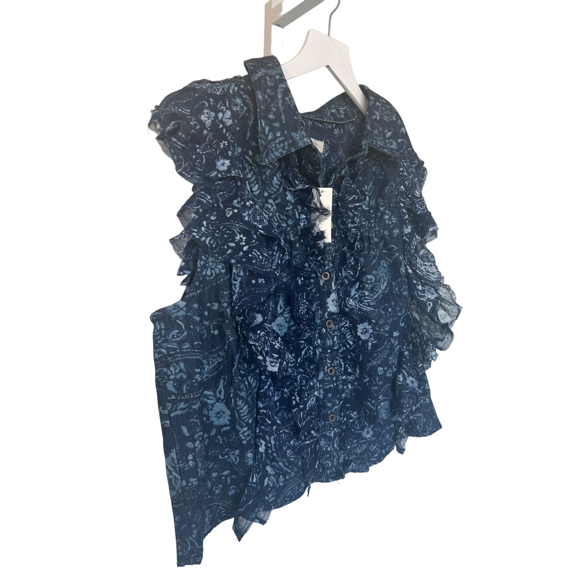 Anthropologie Pilcro Navy Denim Button Down Floral Ruffle Top Size S / US 4 / IT 40 - 5 Thumbnail