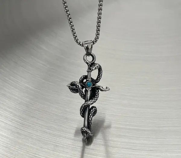 Jewelry Silver Snake & Cross - Blue Gemstone Pendant Necklace Size ONE SIZE - 4 Thumbnail