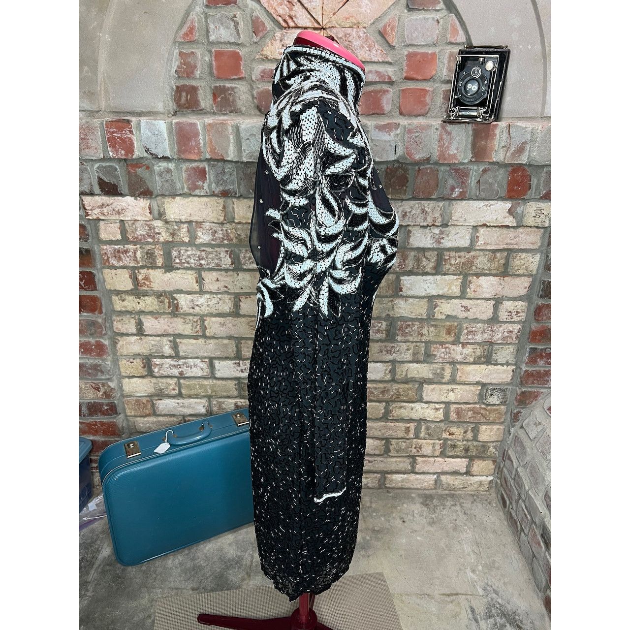 Vintage dress 100% silk beaded sheer bust high collar black white Size L / US 10 / IT 46 - 13 Thumbnail