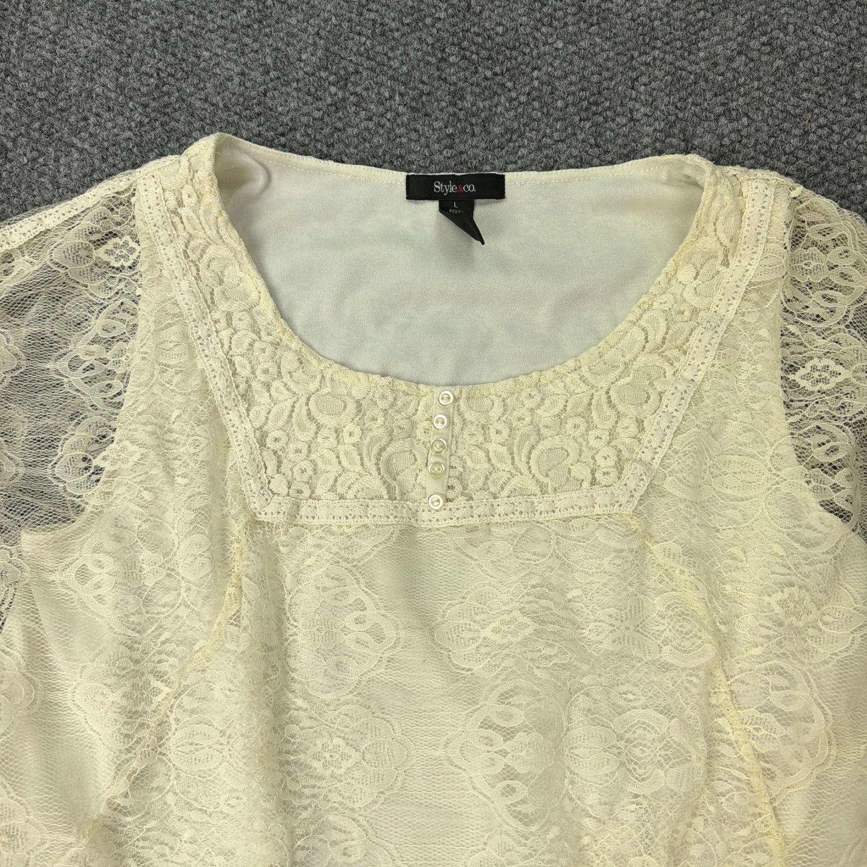 Style & Co VINTAGE Style & Co Shirt Womens Large Cream Lace Batwing Dolman Sheer Lined Blouse Size L / US 10 / IT 46 - 2 Thumbnail
