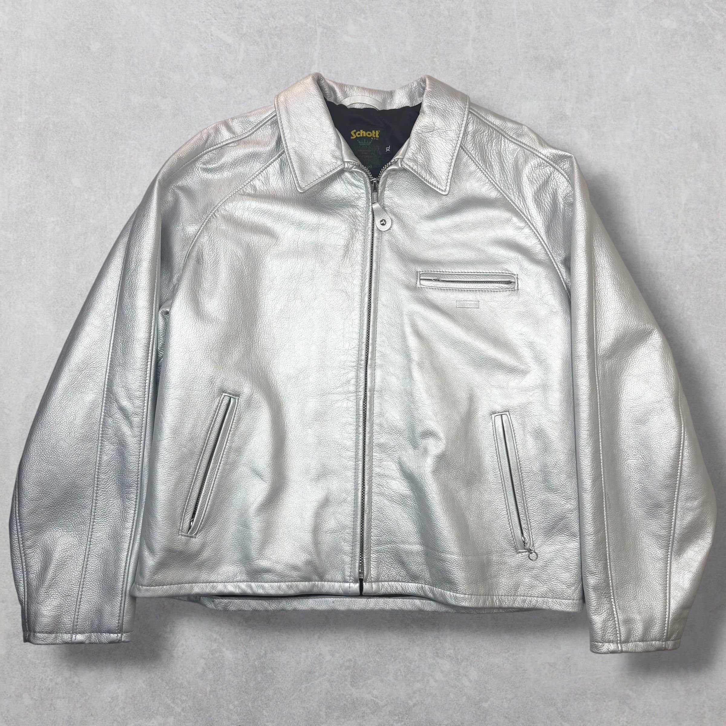 Supreme Supreme x Schott Leather Racer Silver XL Size US XL / EU 56 / 4 - 1 Thumbnail