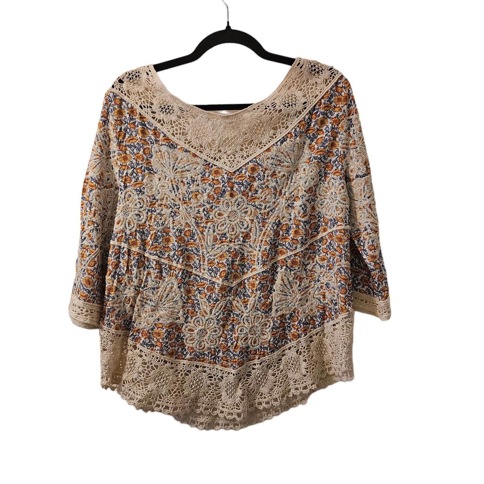 Designer Solitaire Boho Chic Embroidered Blouse Crochet Detail-Sz L Size L / US 10 / IT 46 - 1 Thumbnail
