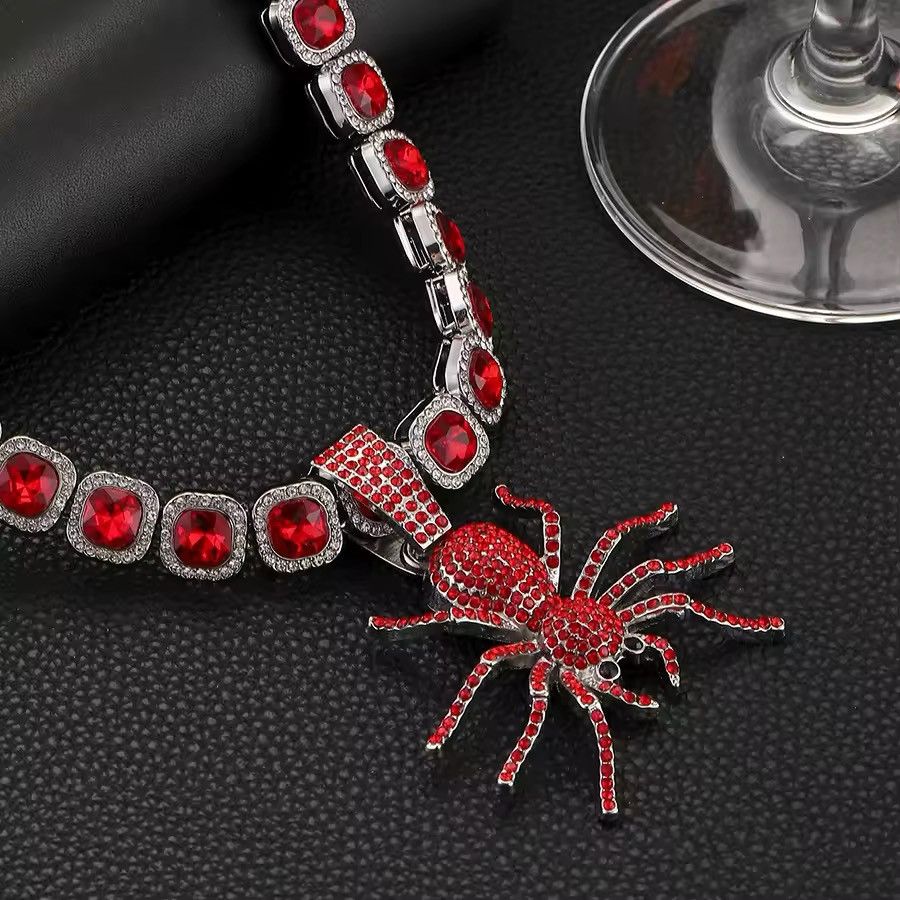 Jewelry × Vintage Retro Punk Rhinestone Ruby Necklace Spider Chain Square Size ONE SIZE - 5 Thumbnail