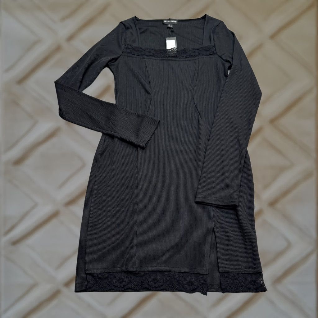 PrettyLittleThing PRETTYLITTLETHING Black Ribbed Knit Bodycon Midi Dress Womens 6 Lace Trim NWT Size M / US 6-8 / IT 42-44 - 1 Thumbnail