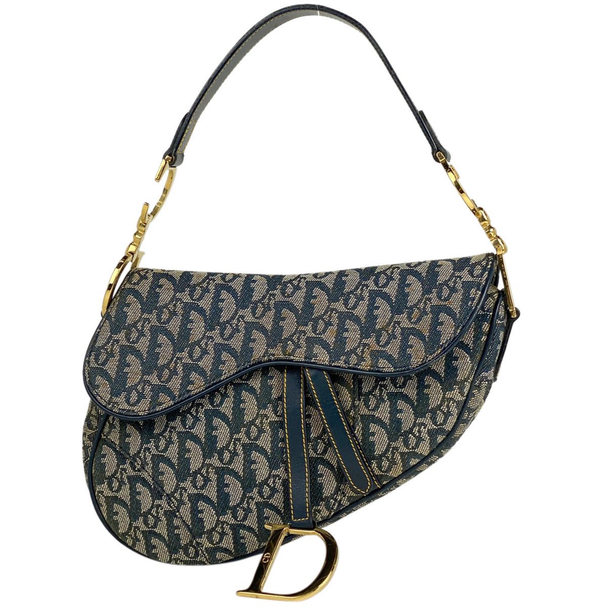 Christian Dior Trotter Pattern Saddle Bag Handbag Shoulder Bag Canvas Navy