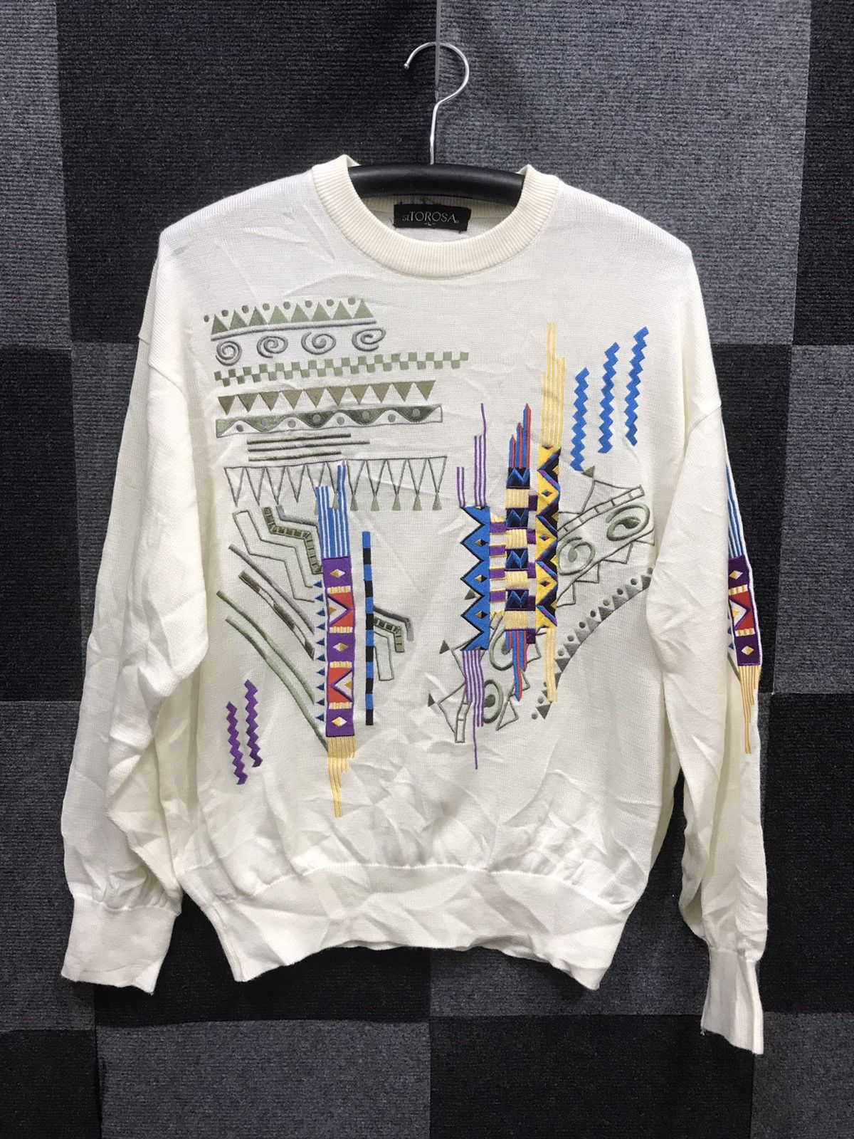 image of Archival Clothing x Vintage St Torosa Archival Embroidery Oversize Knit Sweater in Cream (Size Larg