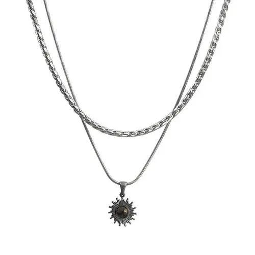Jewelry Silver Layered Necklace with Sun Pendant Size ONE SIZE - 5 Thumbnail