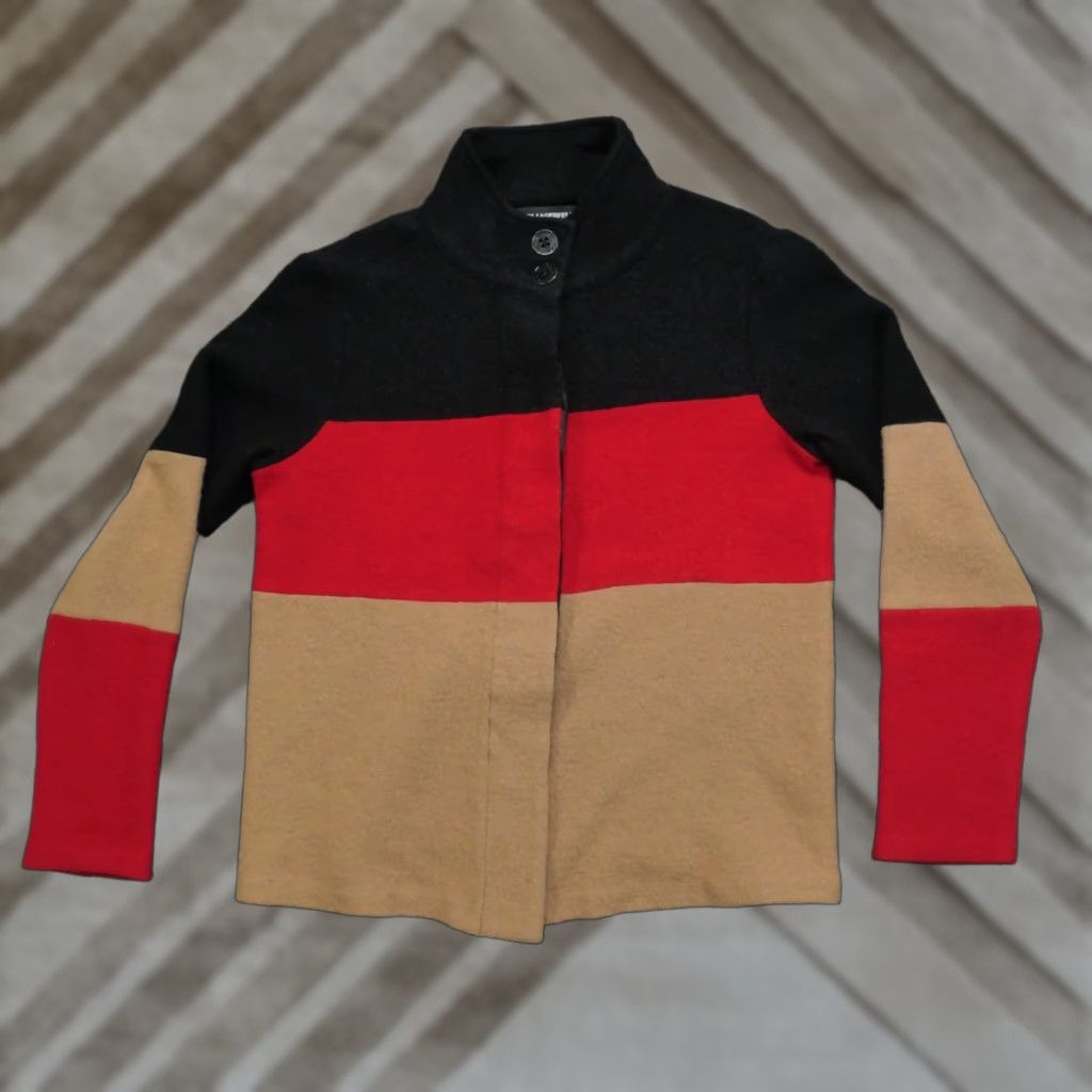 Karl Lagerfeld VINTAGE Karl Lagerfeld Sweater Womens Small Red Tan Black Cardigan Jacket Wool Blend Size S / US 4 / IT 40 - 1 Thumbnail