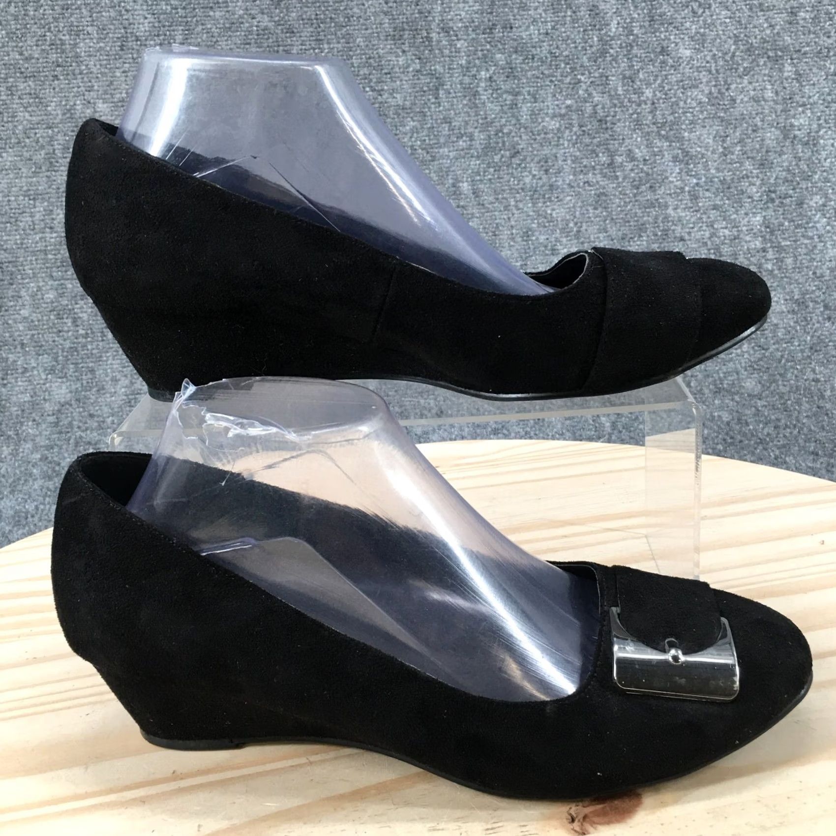 Vintage Impo Heels Womens 9.5 M Wedge Pumps Casual Comfort Black Fabric Slip On Buckle Shoes Size US 10 / IT 40 - 2 Thumbnail