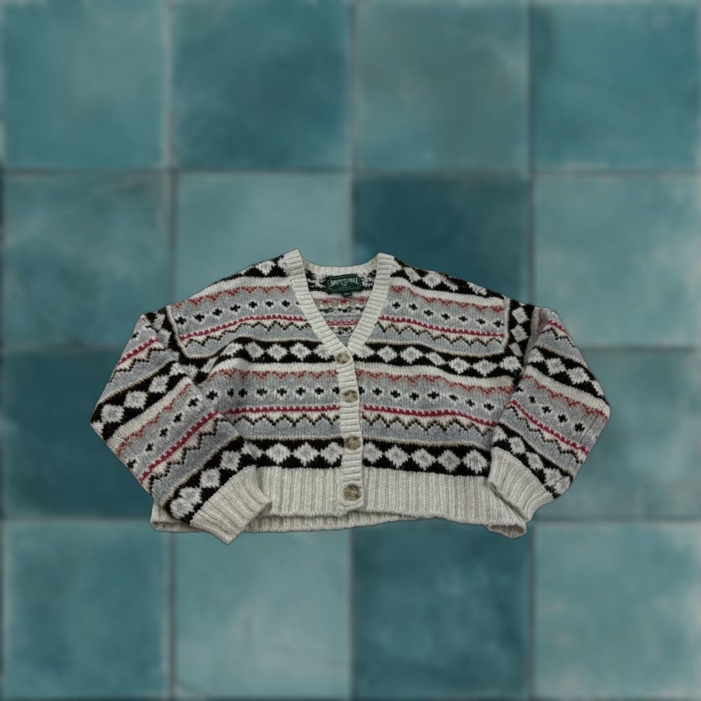 American Eagle Outfitters American Eagle Outfitters Cardigan Sweater Womens Small Gray Fair Isle Cropped V-Neck Knit Size S / US 4 / IT 40 - 1 Thumbnail