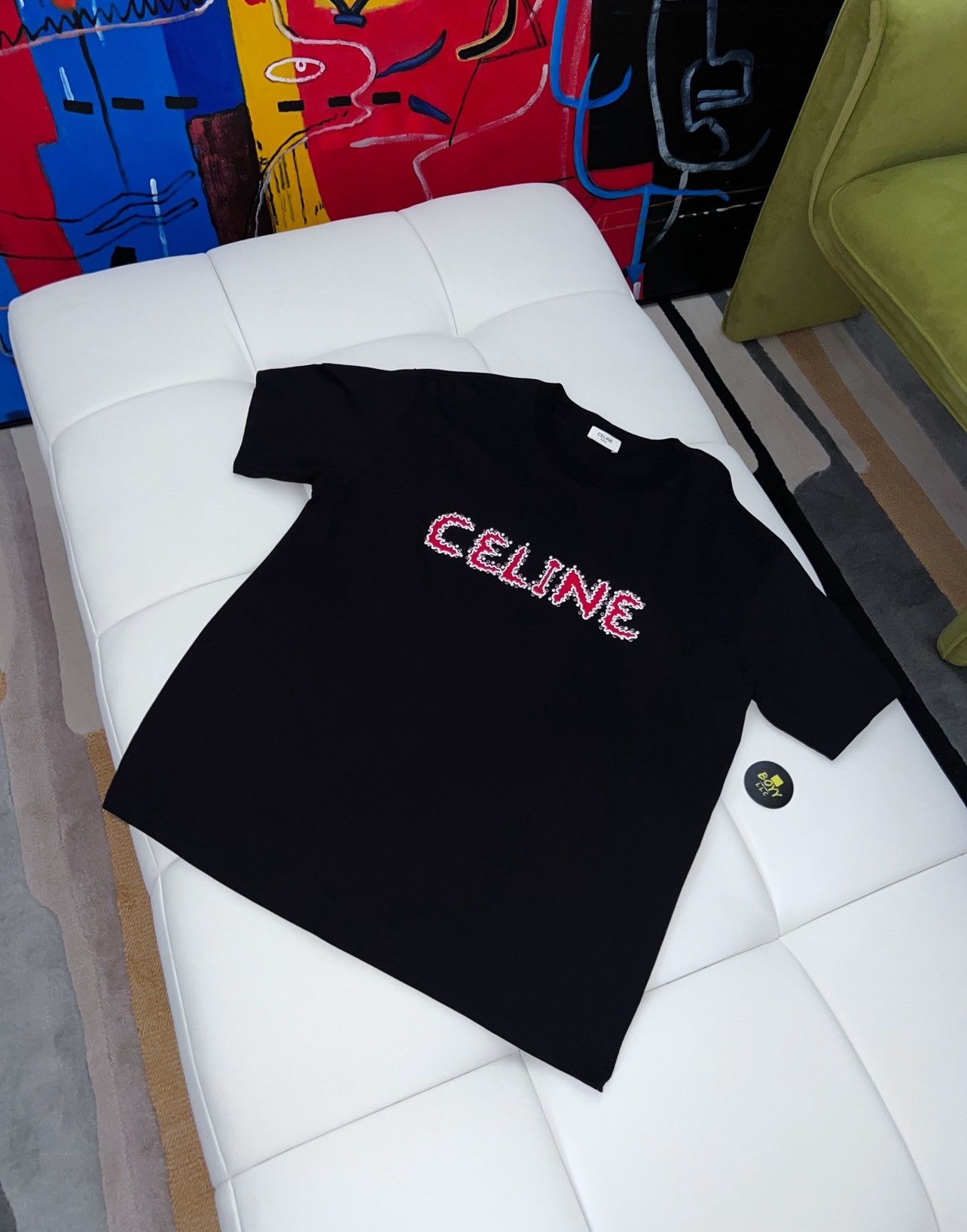 image of Celine Rhinestone Logo T Shirt in Black, Men's (Size XL)