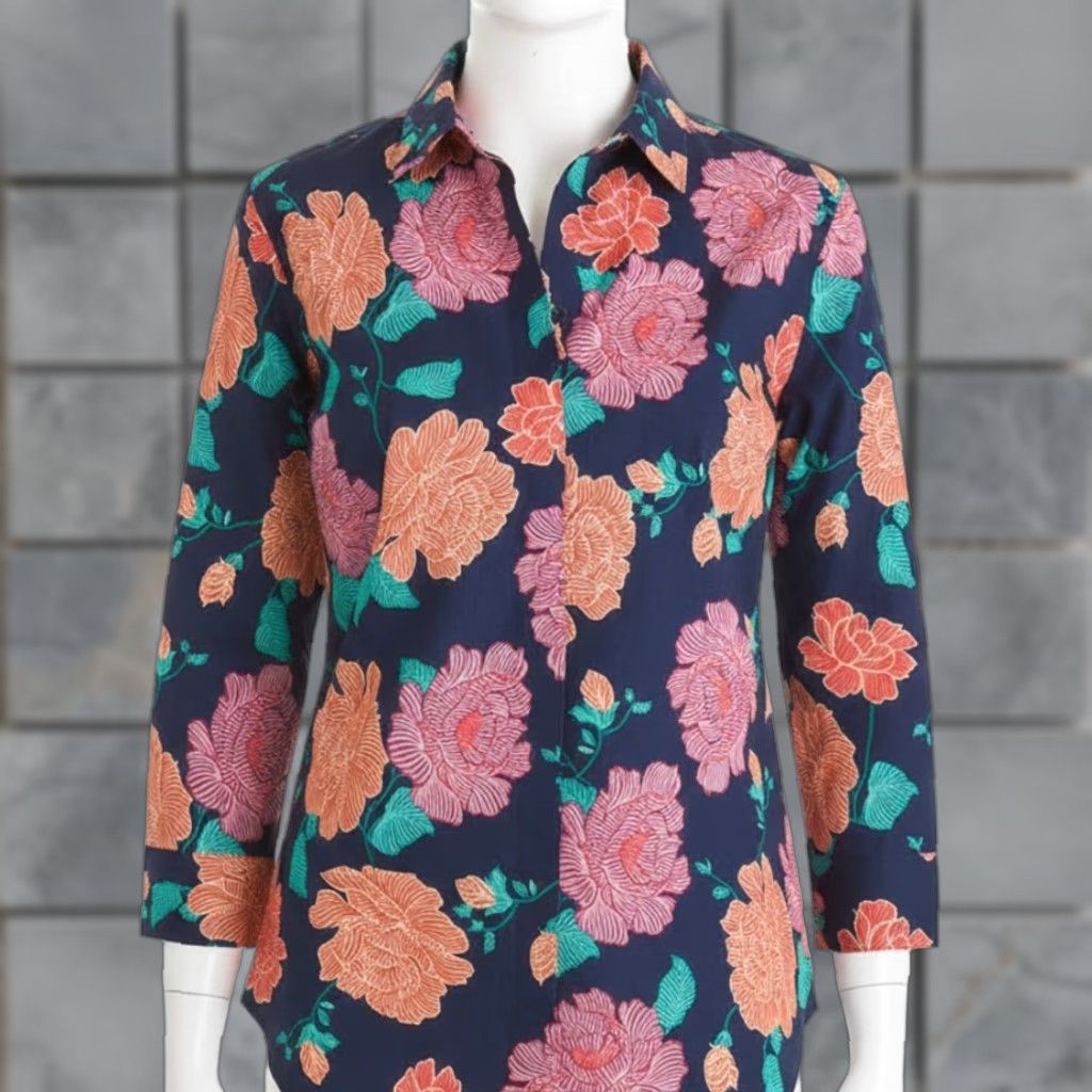Vintage Chicos Blouse 12 Orange Pink Floral 100% Cotton Button-Up Long Sleeve Casual Shirt Womens Size XL / US 12-14 / IT 48-50 - 1 Thumbnail