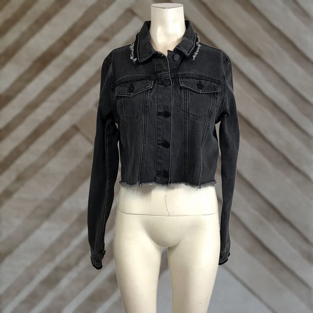 Vintage Kancan Los Angeles Distressed Denim Jacket Charcoal Grey Cropped Raw Hem Evening? Size M / US 6-8 / IT 42-44 - 1 Thumbnail