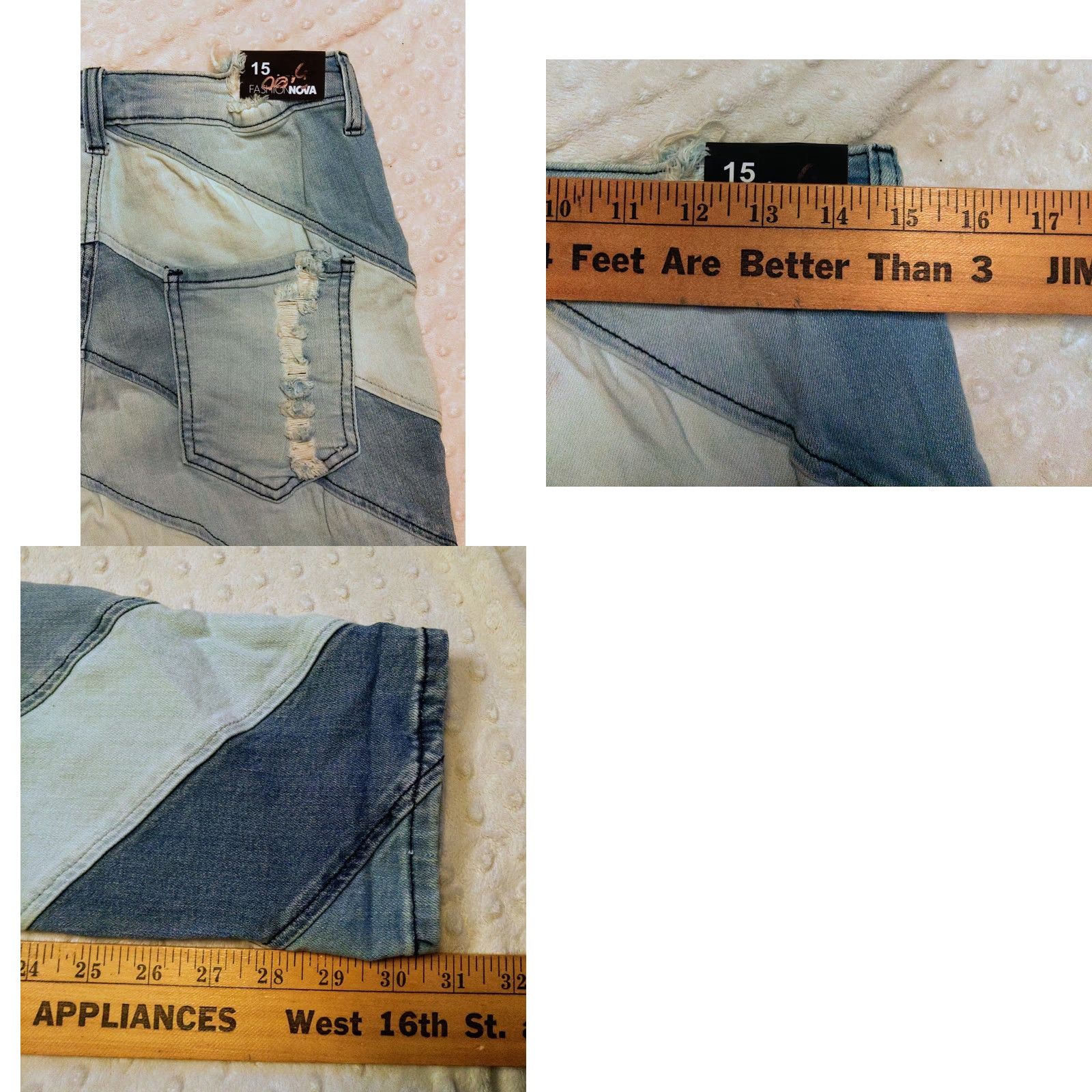 Fashion Nova Fashion Nova Breaking Barriers Patchwork Straight Leg Jeans Size 15 32x31 Blue Wash Size 36" / US 14 / IT 50 - 8 Thumbnail
