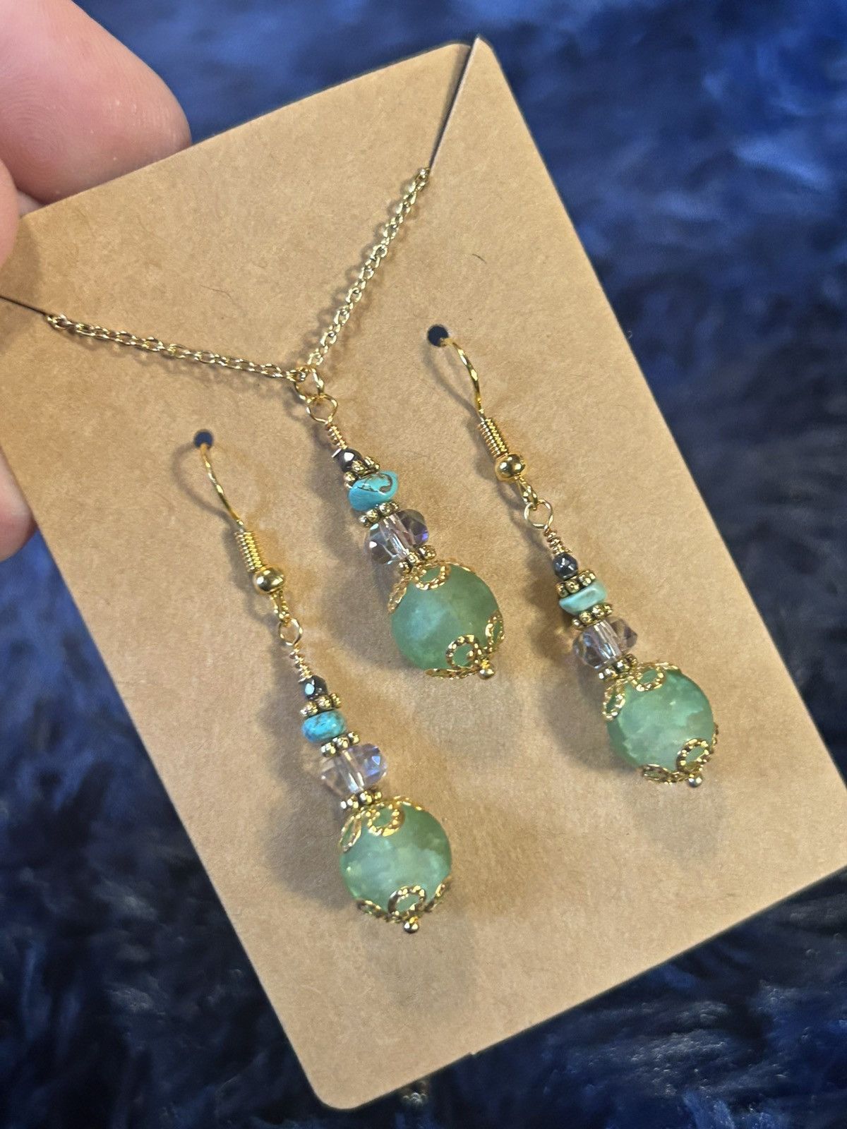 Handmade Handcrafted green crackle glass crystal turquoise chip set Size ONE SIZE - 1 Thumbnail