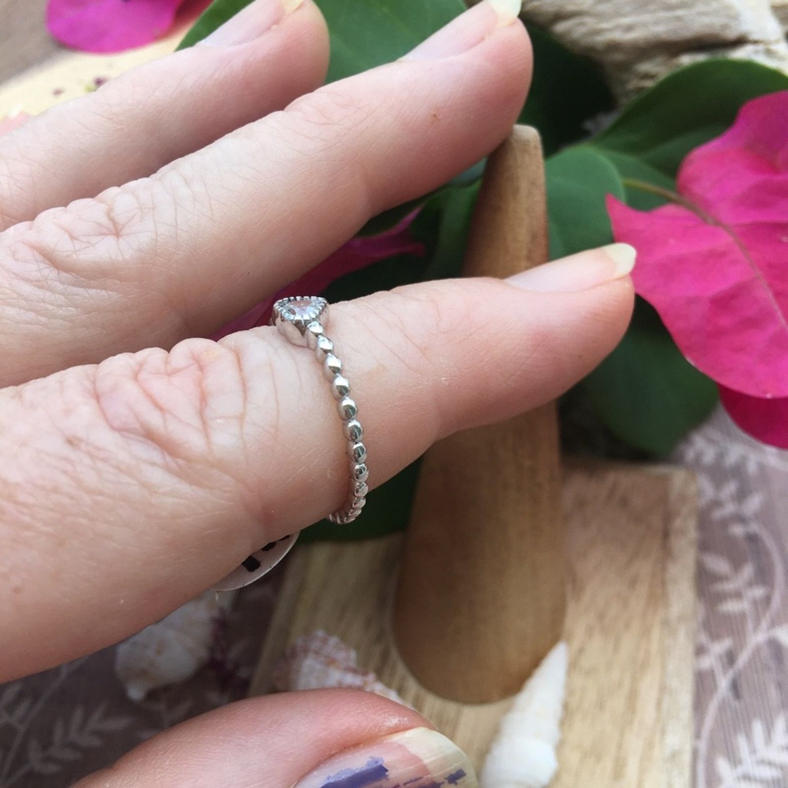 The Unbranded Brand Sterling Silver Beaded Clear Heart CZ Ring Size ONE SIZE - 6 Thumbnail