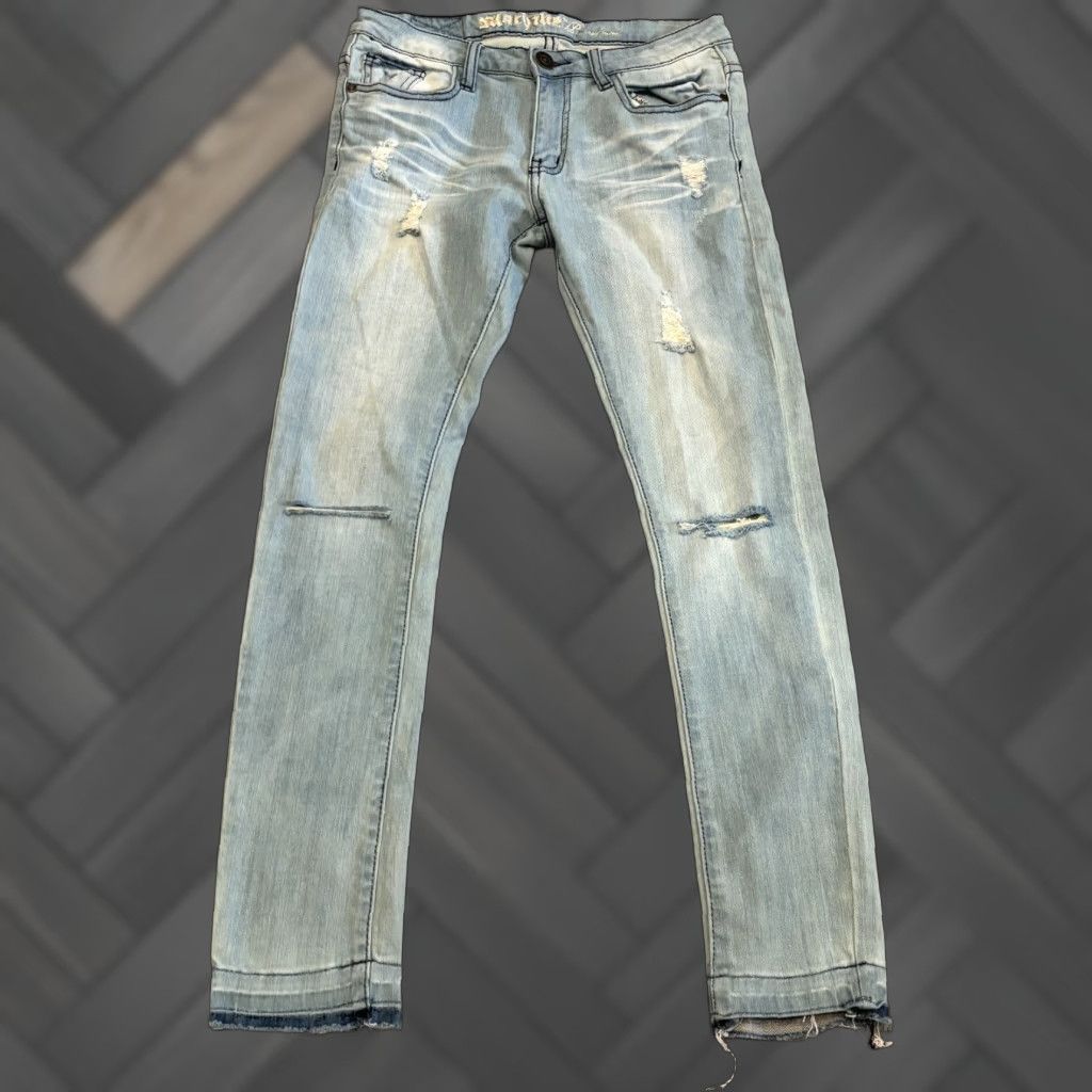 Toy Machine VINTAGE Machine Jeans Womens 29 Light Wash Blue Denim Distressed Skinny Fit Raw Hem Size 29" - 1 Thumbnail