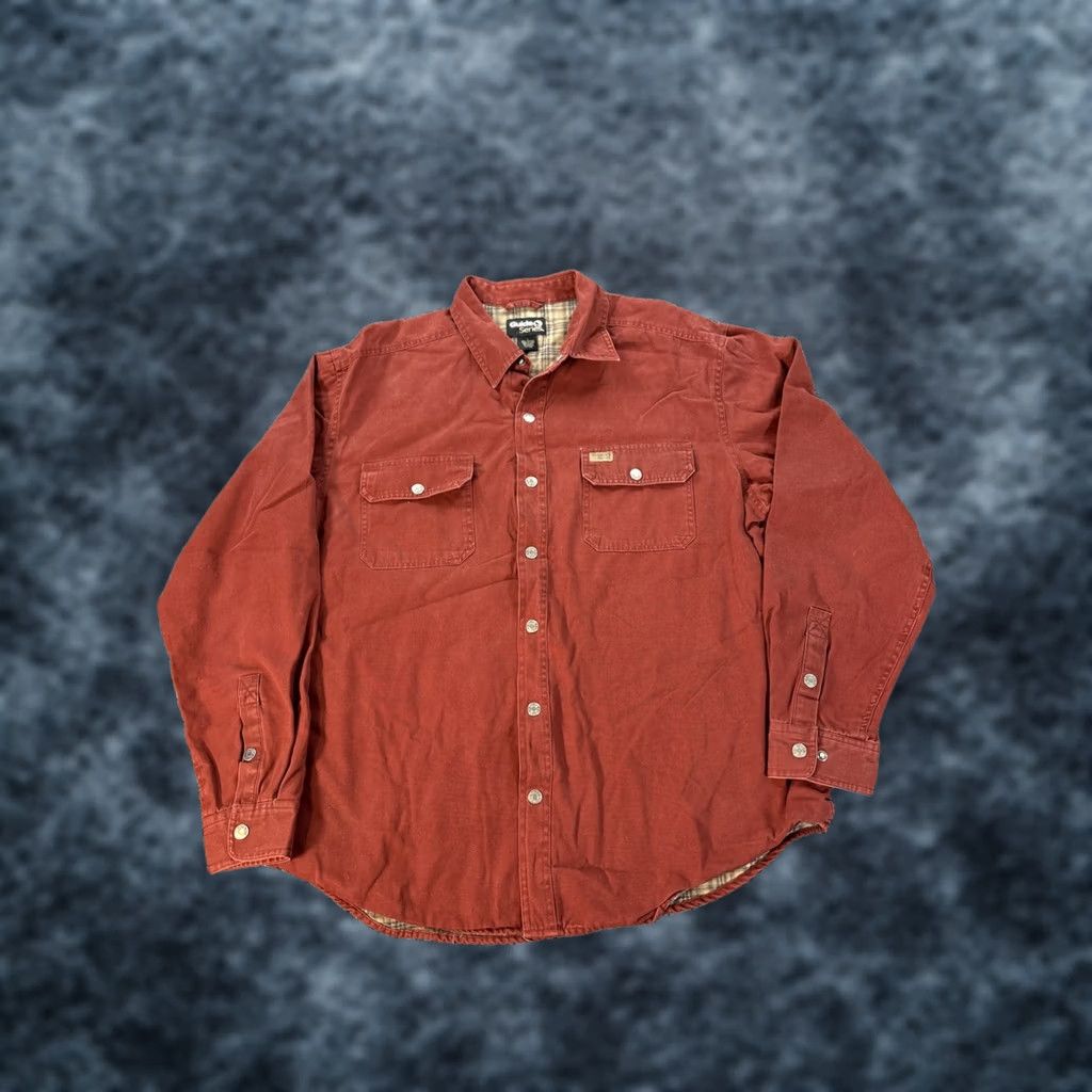 Vintage Guide Series Mens Jacket Shirt L Burgundy Flannel Lined Canvas Workwear Cotton Button Pockets Insulated Casual Winter 70s Western Dad Mens Size US L / EU 52-54 / 3 - 1 Thumbnail