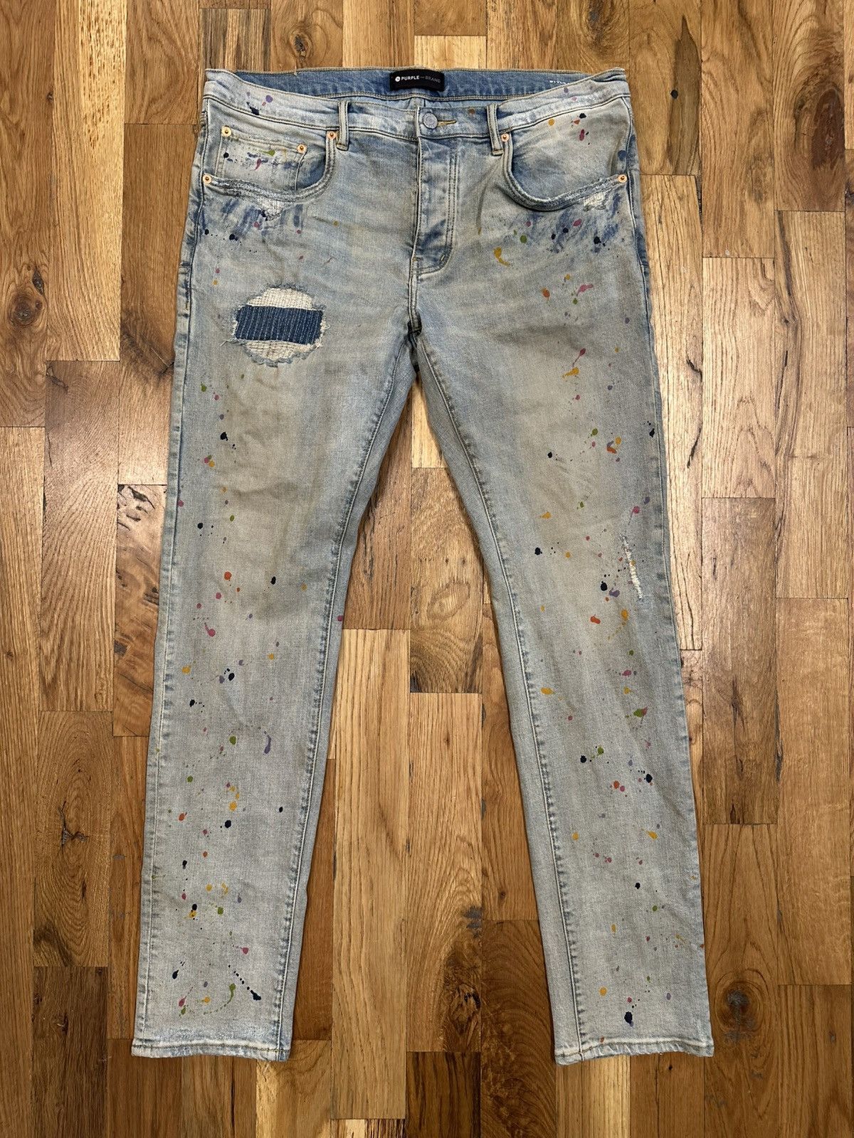 Purple Brand Patched Paint Splatter Blue Denim Jeans Size 36