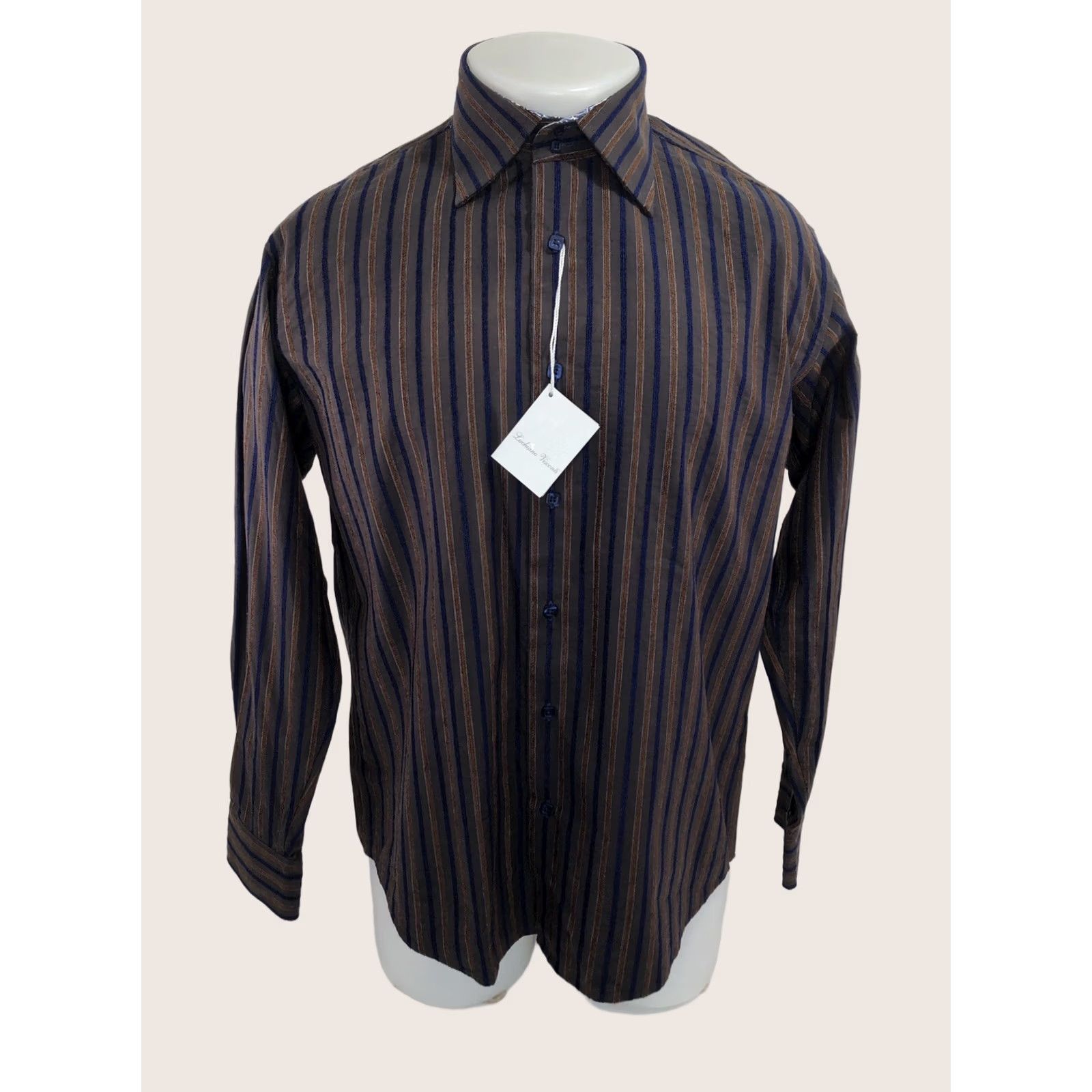 Vintage Visconti Uomo Shirt Striped Button-Up Long Sleeve Md. M Brown / Blue / Copper Textured Flip Cuff Mens Shirt Size US M / EU 48-50 / 2 - 1 Thumbnail