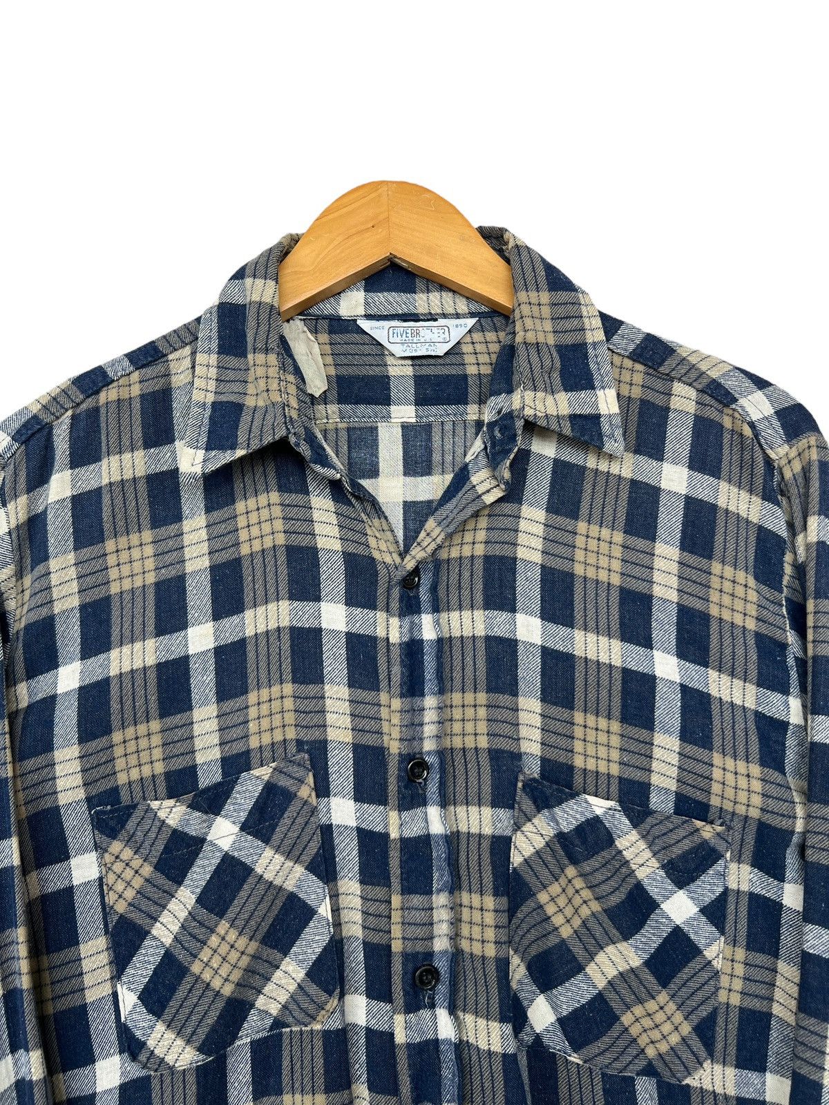 FiveBrother Vintage 50s Five Brother Blue Checkered Flanner Shirt Size US L / EU 52-54 / 3 - 2 Thumbnail