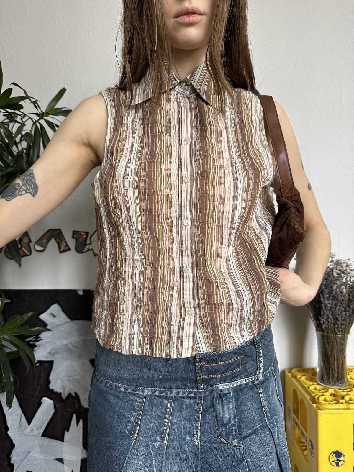 Japanese Brand × Vintage Striped Collared Crinkle Ruffle Blouse Top Cottage 00s Size XL / US 12-14 / IT 48-50 - 1 Thumbnail