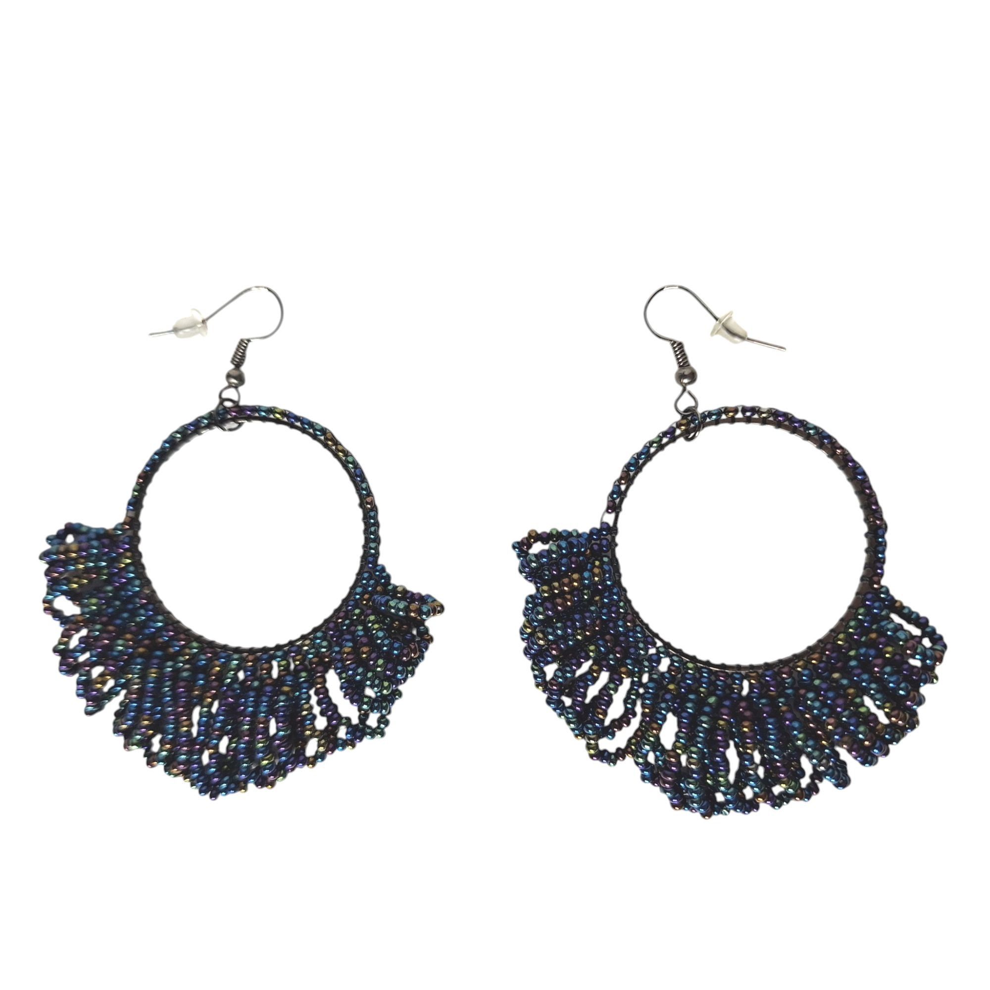 Other Iridescent Seed Bead Hoop Earrings Boho Festival Fringe Fan Size ONE SIZE - 2 Thumbnail