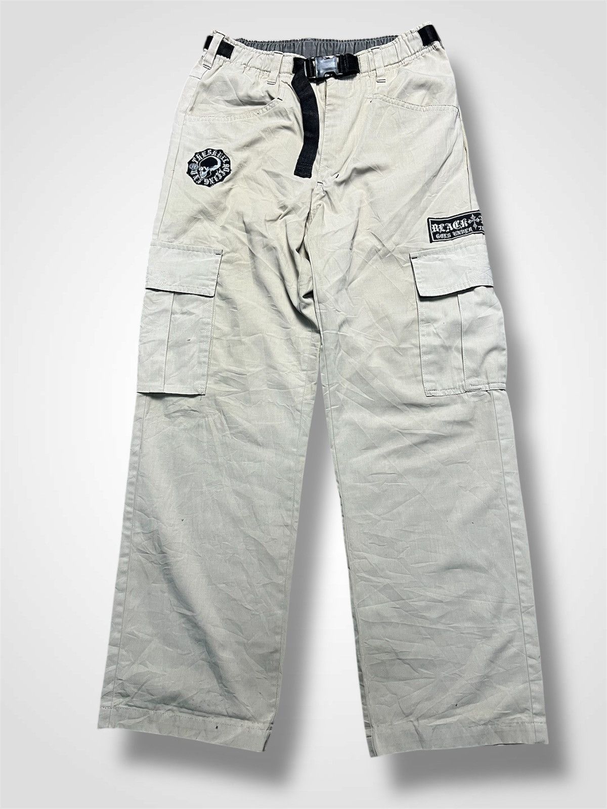 If Six Was Nine Khaki Baggy Cargo Pants with Gothic Print & Skull Patch (40) Size US 27 - 1 Thumbnail