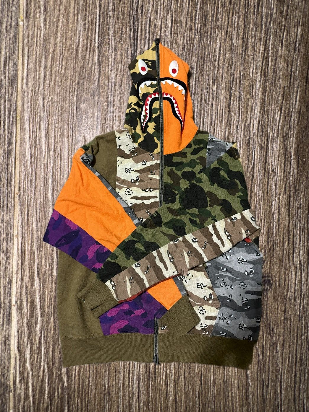 image of Bape Crazy Camo Mad Shark Relaxed Full Zip Hoodie, Men's (Size XL)