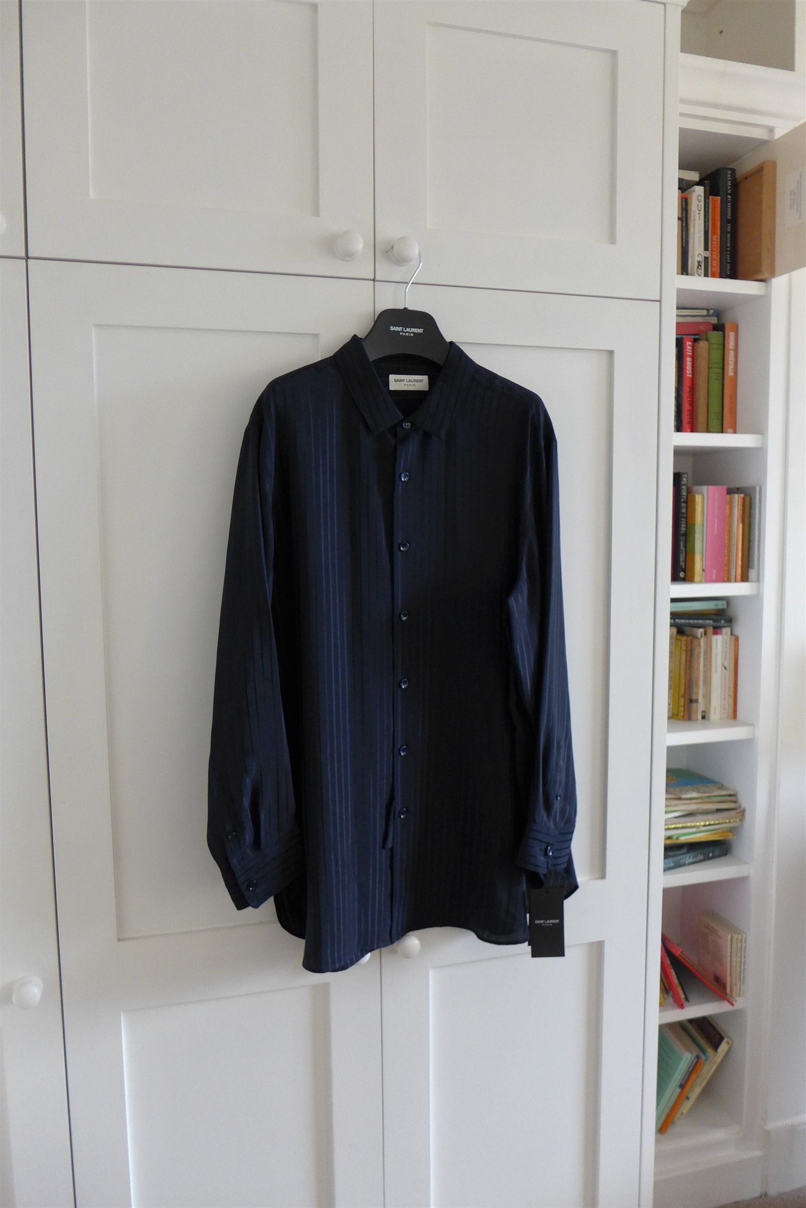 Saint Laurent Paris Saint Laurent Navy Stripe Silk Shirt Size US XL / EU 56 / 4 - 6 Thumbnail