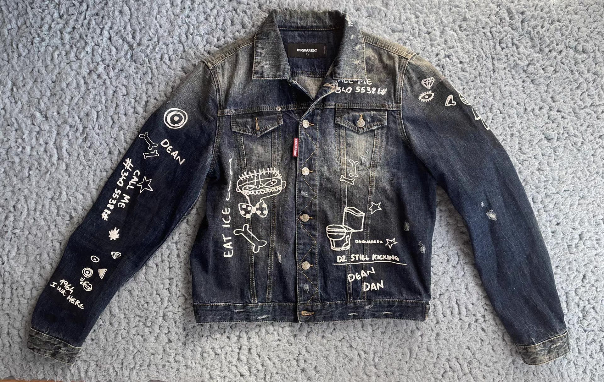 Dsquared2 Blue Denim Jacket with Doodle Art, Size L Size US L / EU 52-54 / 3 - 1 Thumbnail