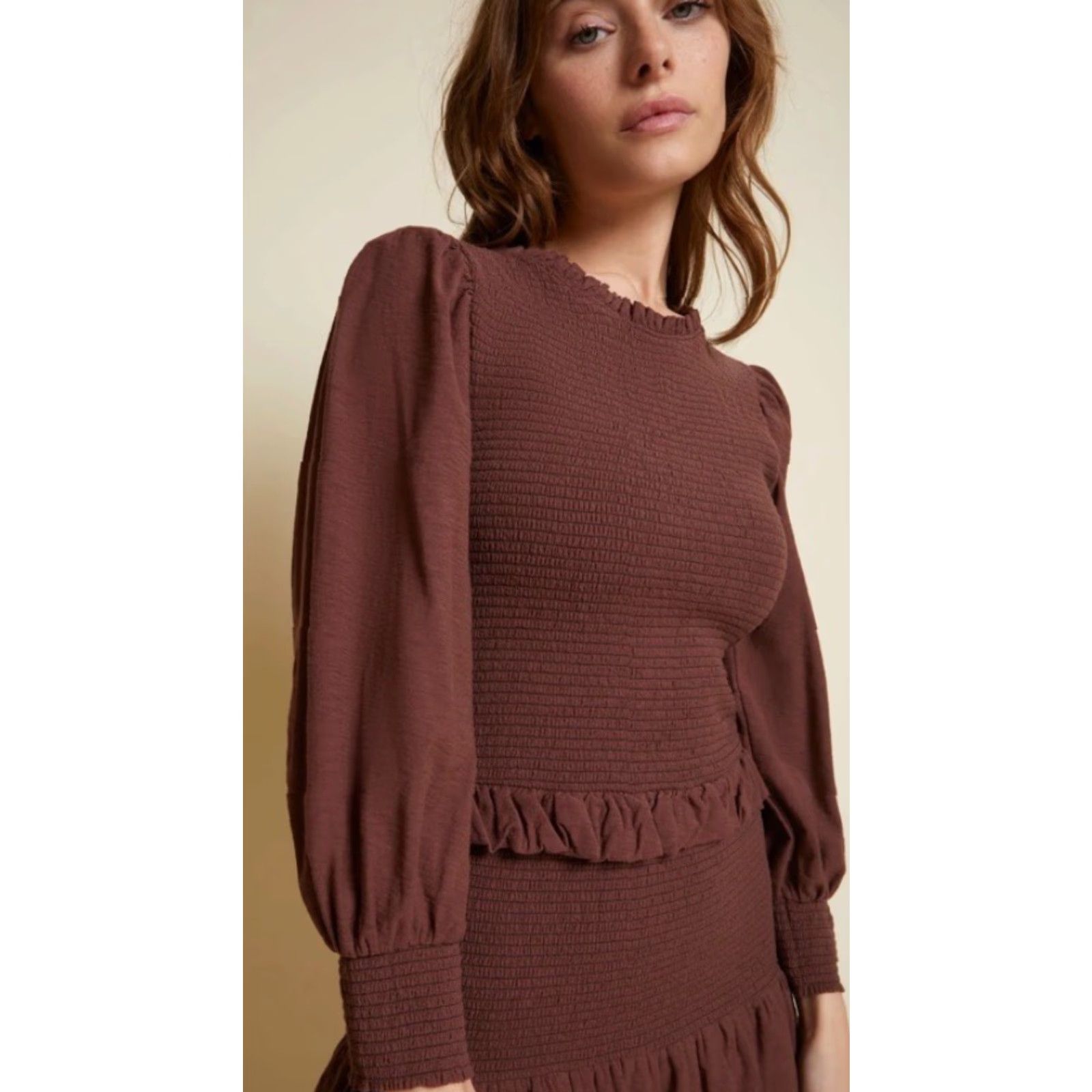 Nation LTD Nation LTD Abby Smocked Mini Dress Medium Pinot Noir Ruffle Detail Size M / US 6-8 / IT 42-44 - 3 Thumbnail