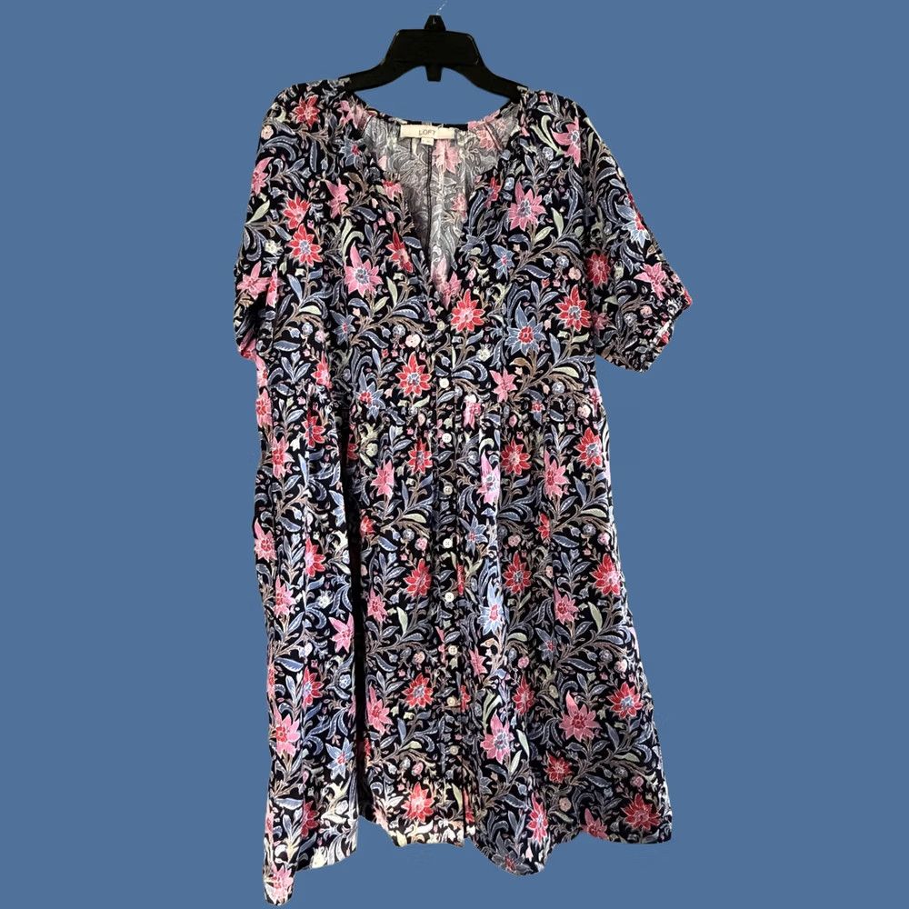 Loft LOFT Dress Womens L Multicolor Floral V Neck Puff Sleeve Trapeze Swing Button Size L / US 10 / IT 46 - 1 Thumbnail