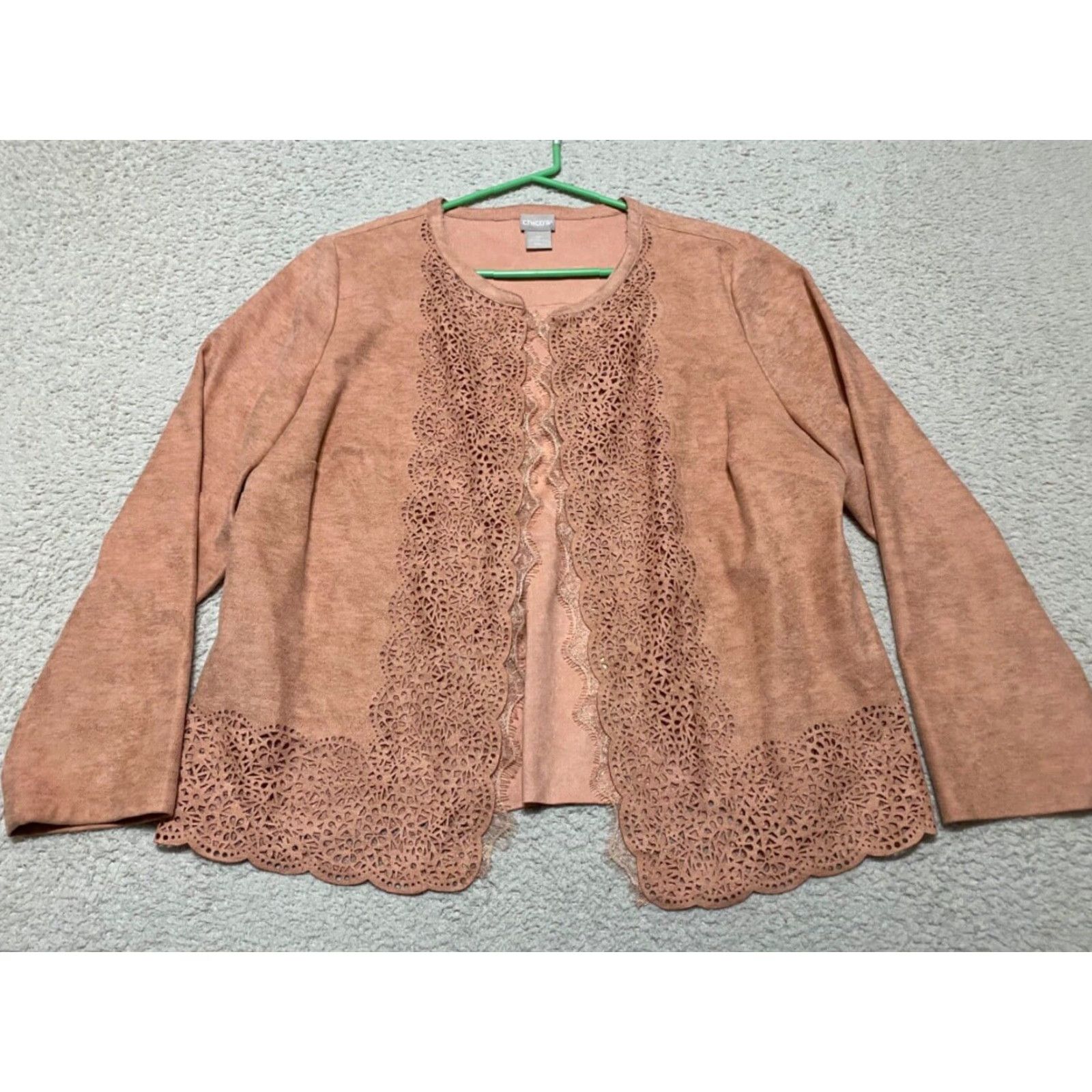 Vintage Chico’s Womens 10P Petite Jacket Pink Perforated Faux Suede Open Front Jacket Womens Petite 10P Pink Faux Leather Size L / US 10 / IT 46 - 3 Thumbnail