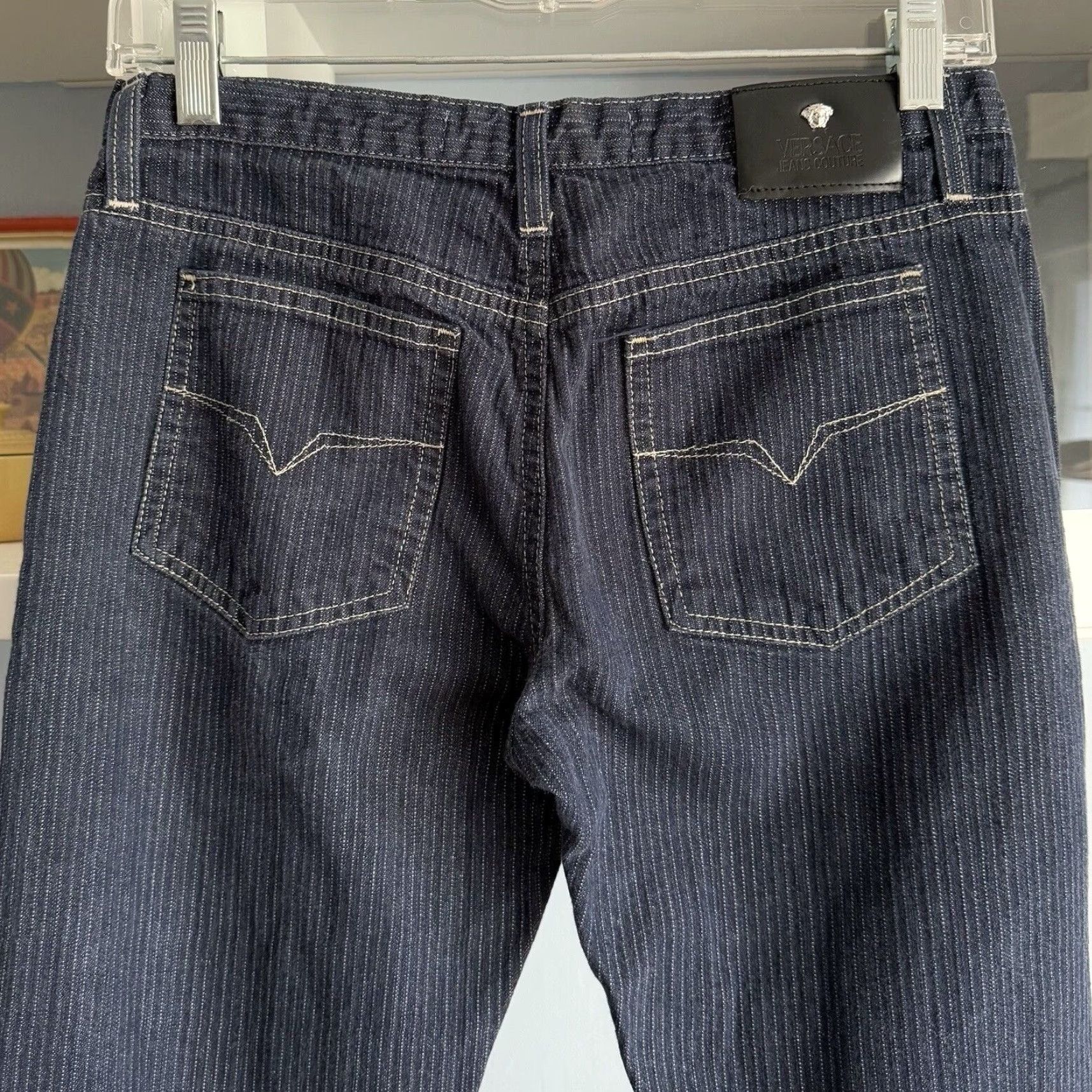 Versace VINTAGE Versace Jeans Couture 90s Navy Blue Striped Jeans Flare Size 27 Women Size 27" / US 4 / IT 40 - 4 Thumbnail