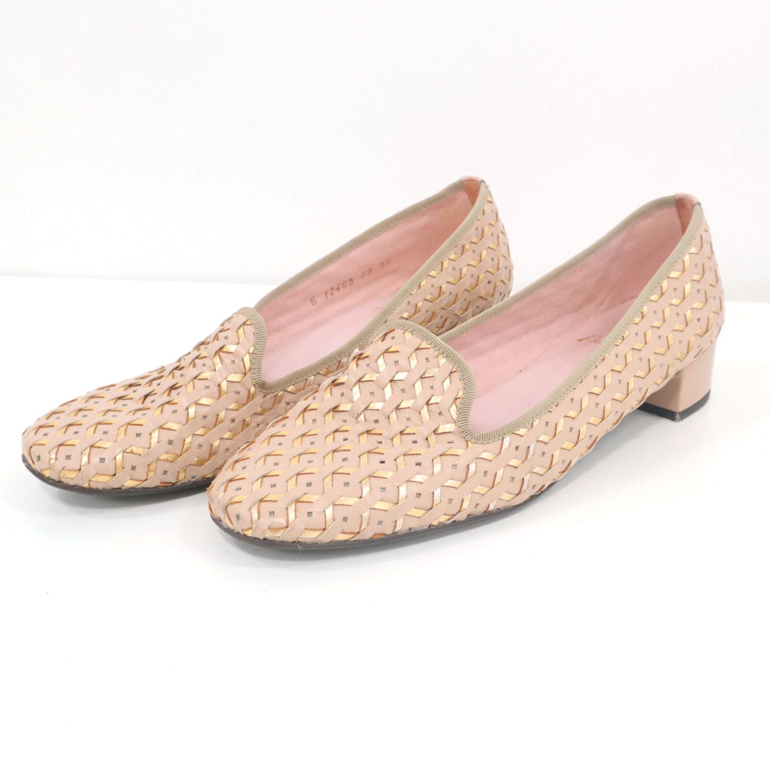 image of Vintage Pretty Ballerinas Loafers Pumps Womens 6.5 37 Woven Leather Beige Gold Metallic in White