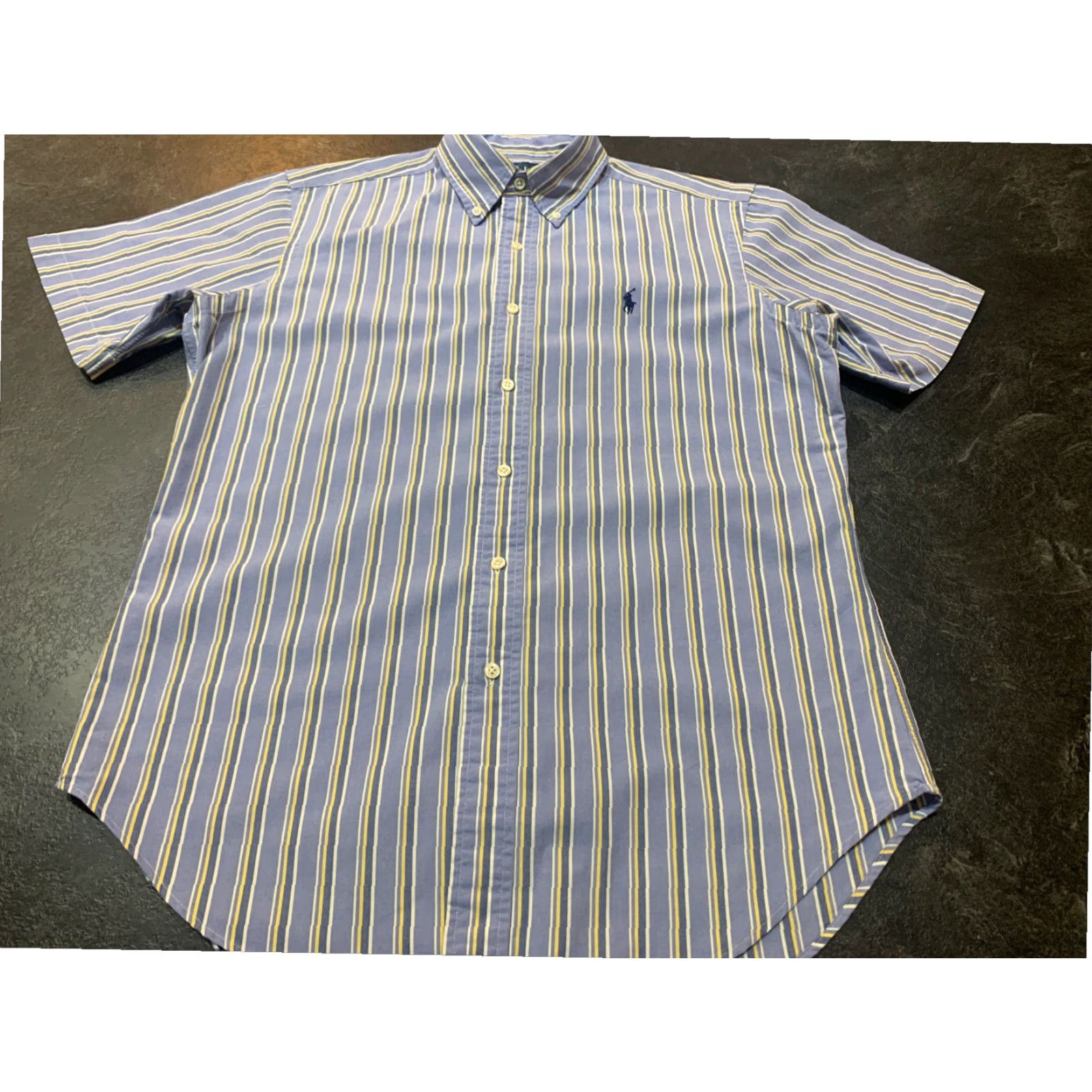 Ralph Lauren Ralph Lauren Mens Cotton Button Down Short Sleeve Blue Striped Medium Size US 31 - 2 Thumbnail