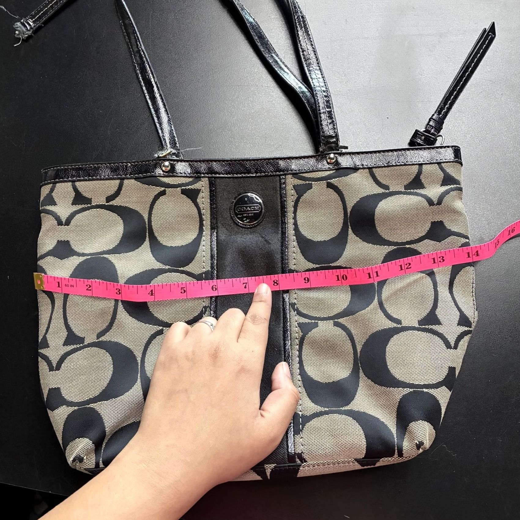 Coach Coach Tote Bag Womens Medium Black Signature Canvas Patent Shoulder Purse Size ONE SIZE - 7 Thumbnail