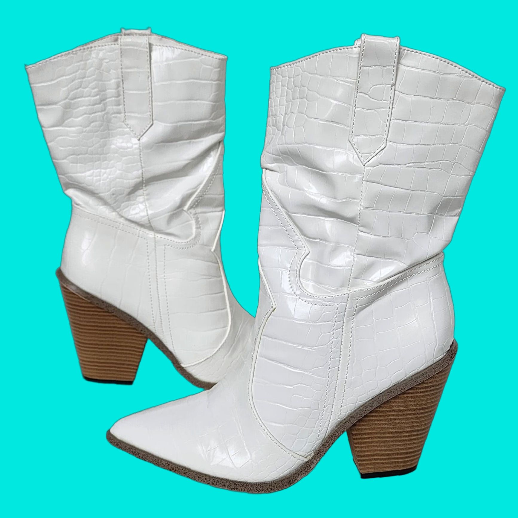 Vintage Jeeini Womens White Cowboy Boots Size 9 Us 40 Eu Slouch Zip Block Heel Shoes Pointed Toe Vegan Western Cowgirl