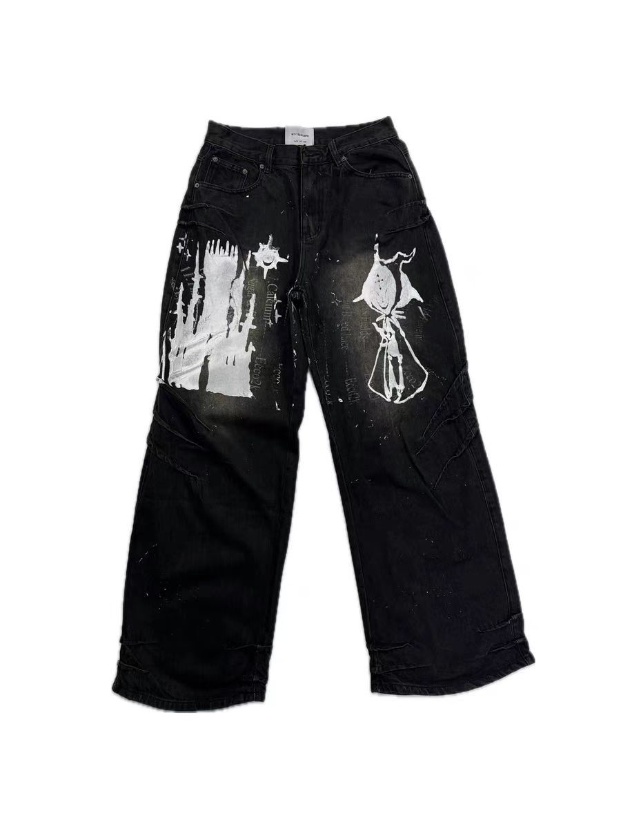 Designer Washed and Aged Frayed Print Street Y2K Jeans Size US 32 / EU 48 - 1 Thumbnail