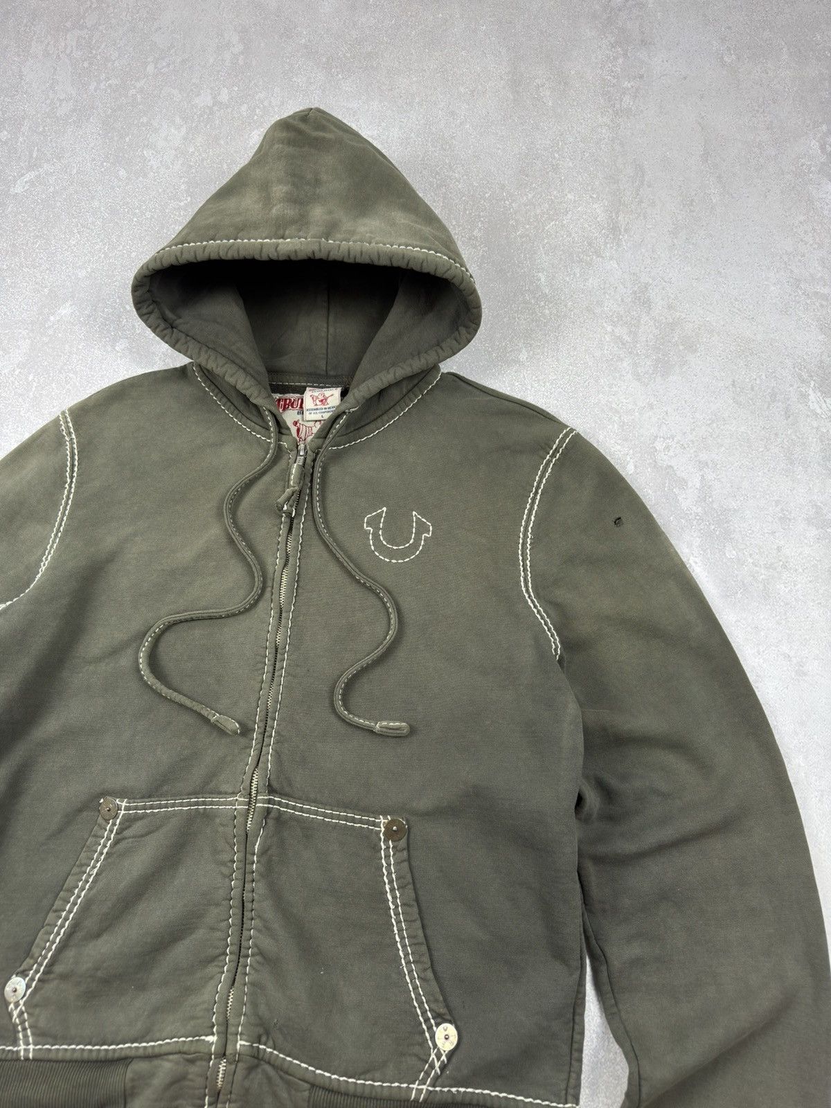 True Religion Vintage True Religion Zip Hoodie Big-T Khaki Washed Destroye Size US L / EU 52-54 / 3 - 5 Thumbnail